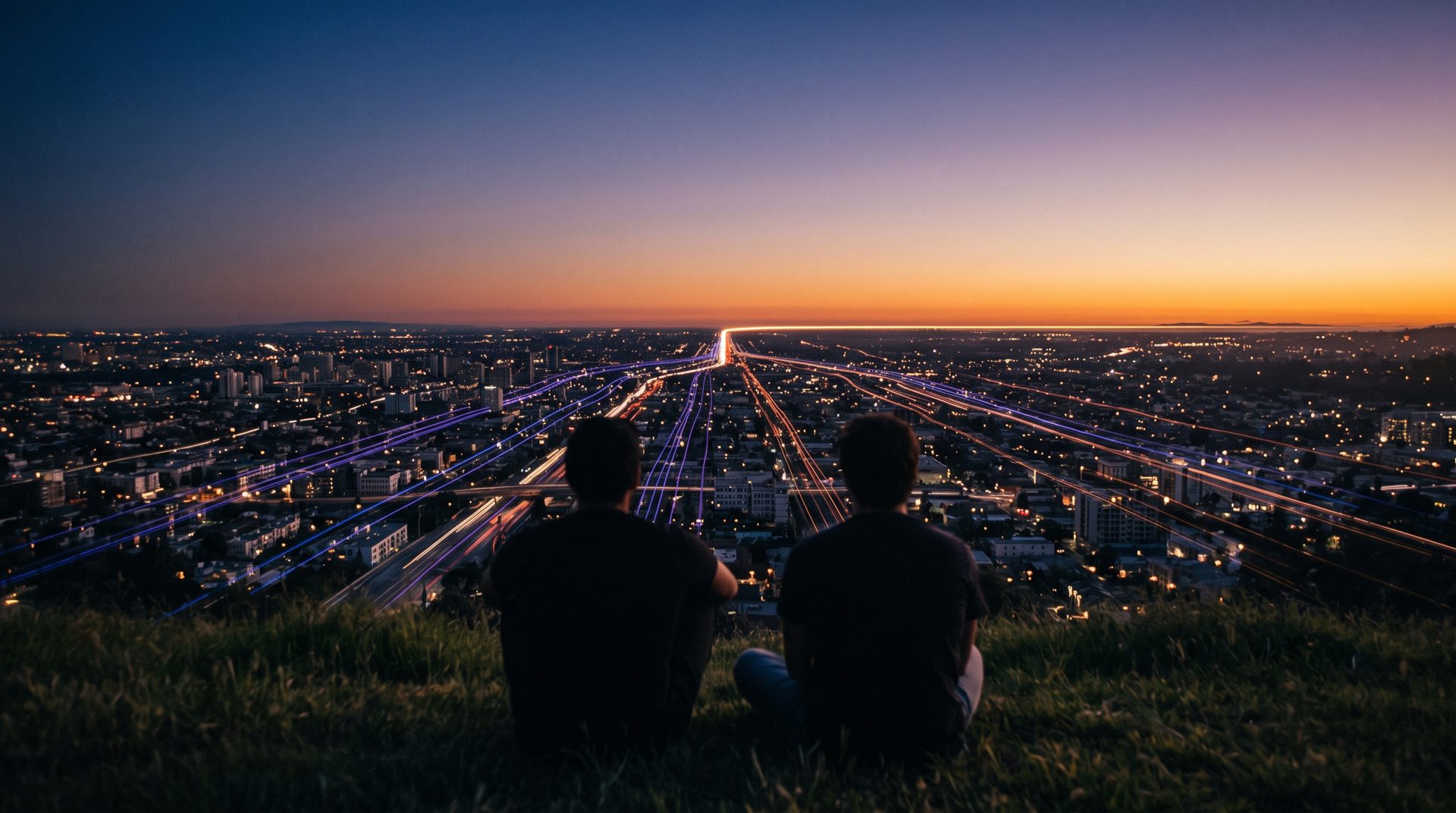 Two friends on a hill at dusk watching trails of light from across the city meet in one line on the horizon