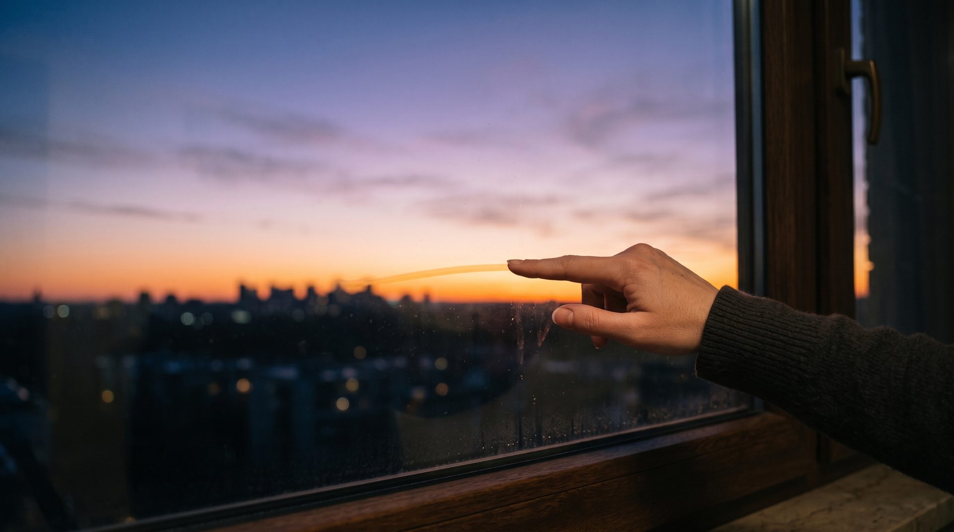 A hand at a window at sunrise, one finger tracing the line of the horizon